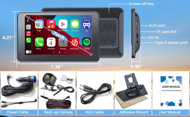 Portable Wireless with Apple CarPlay and Android Auto Screen for Car, 7" HD Touch Screen Car Stereo with Mirror Link, Bluetooth 5.2, Backup Camera, AUX,FM Transmitter for All Vehicle