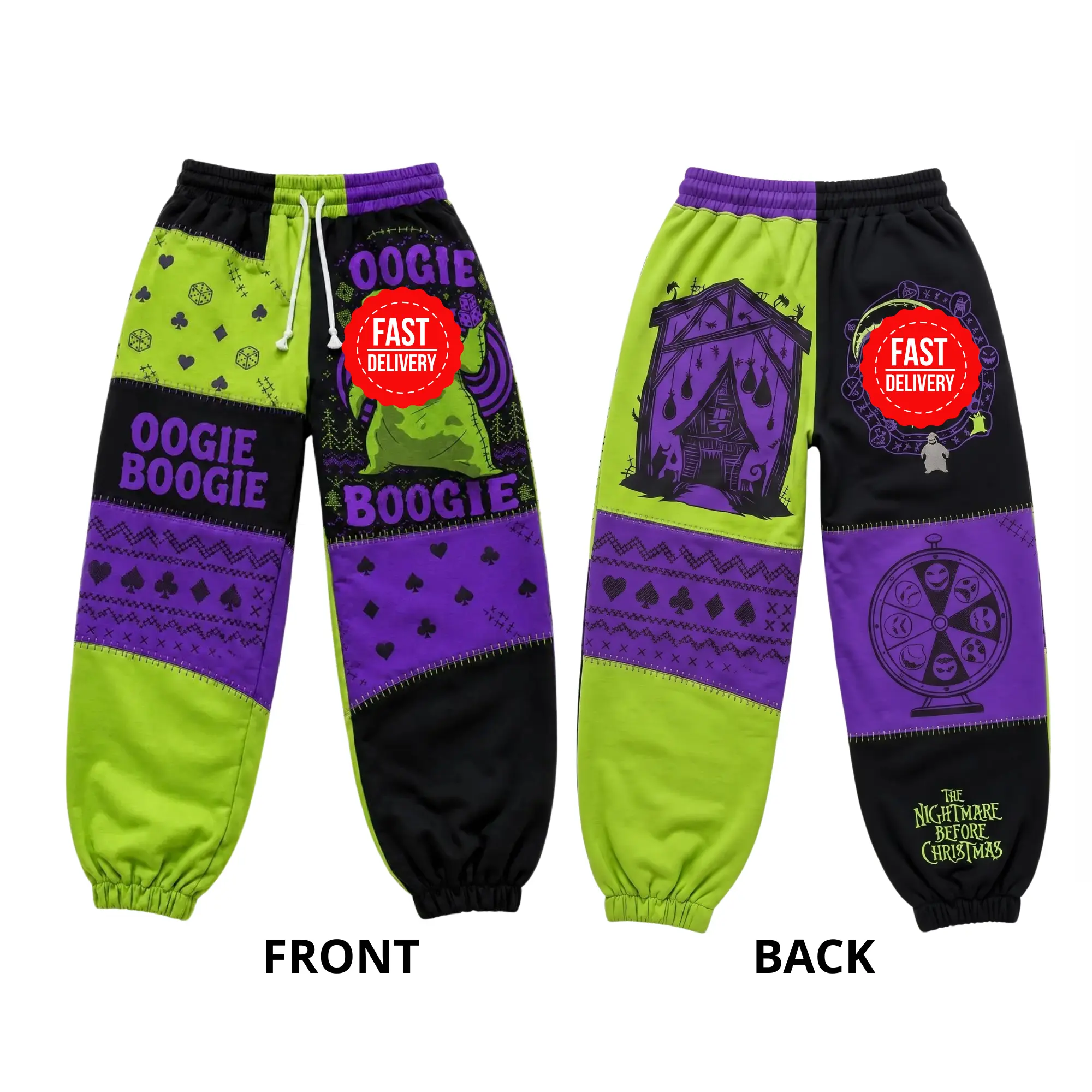 Halloween Green Monster Sweatpants, Retro Purple Green Patchwork Wide Pants, Spooky Graphic Joggers, Unisex Casual Lounge Trousers, Streetwear Gift