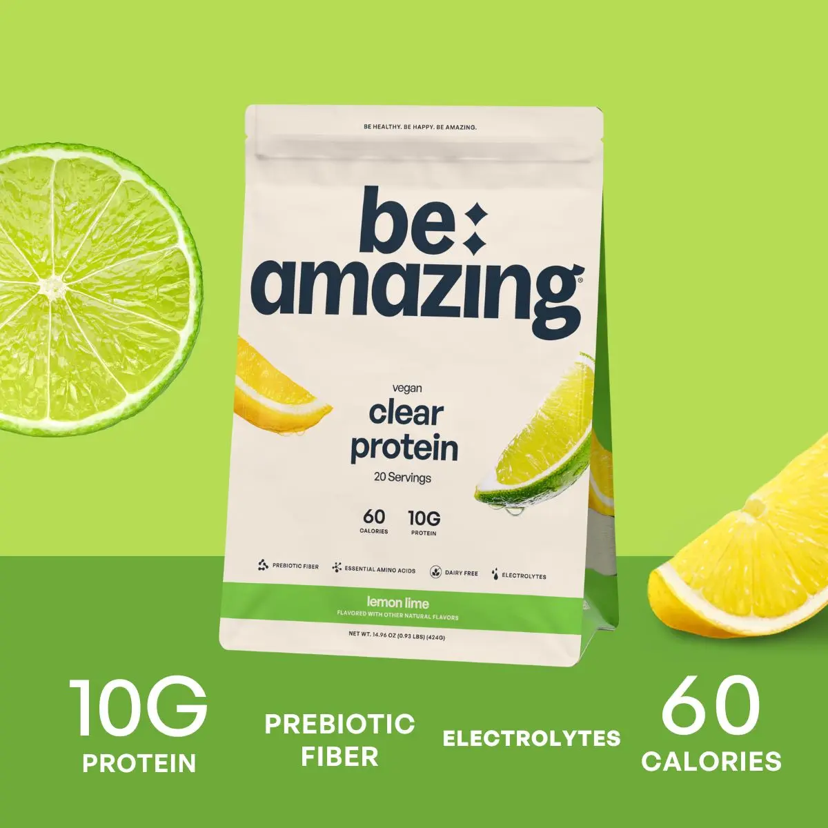 Clear Vegan Protein Powder, Mixes Like Water, Electrolytes & Prebiotic Fiber, No Added Sugar, 20 Servings | Strawberry Kiwi & Lemon Lime | Be Amazing