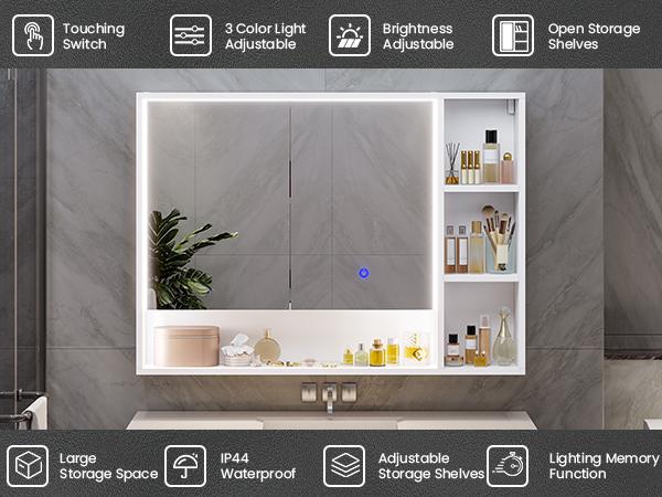 Hasuit | Lighted Medicine Cabinet with Mirror and Open Storage Modern Bathroom Cabinet with Adjustable Shelves Hasuit | Lighted Medicine Cabinet with Mirror and Open Storage Modern Bathroom Cabinet with Adjustable Shelves