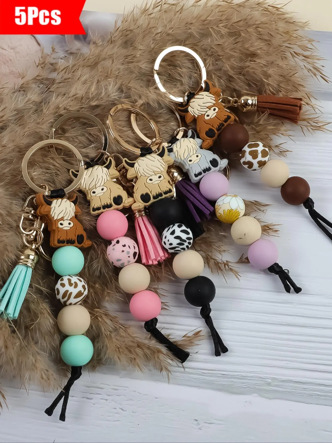 5 Pieces Candy Color Silicone Beaded Keychain Set, Trendy Cute Keychain, Keychain for Bags, Cute Yaks Pendant with Short Tassel Keyring, Practical Gift for Friends and Special Occasions