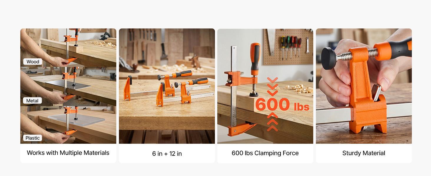 【Summerfinds】VEVOR F Clamps for DIY Enthusiasts, 8-Pack 6" & 12" Woodworking Clamps, 600 lbs Load Limit, Malleable Iron-Carbon Steel, Ergonomic Handle, Plastic Pad, Self-Locking, Raised End Stop, for Metalworking, Bar Clamp Set, Heavy Duty Clamp 【Summerfinds】VEVOR F Clamps for DIY Enthusiasts, 8-Pack 6" & 12" Woodworking Clamps, 600 lbs Load Limit, Malleable Iron-Carbon Steel, Ergonomic Handle, Plastic Pad, Self-Locking, Raised End Stop, for Metalworking, Bar Clamp Set, Heavy Duty Clamp