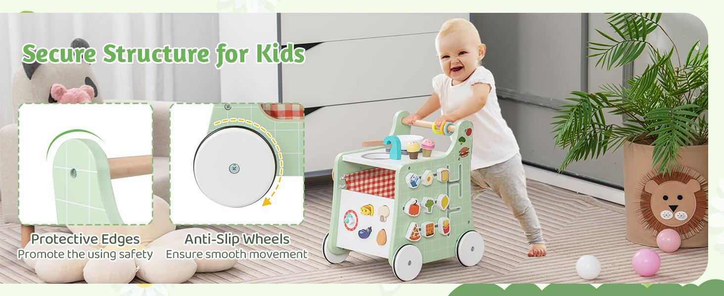 Costzon Montessori Educational Toy, Push and Pull Sit-to-Stand Learning Walker Activity Center, Wooden Baby Walker,Toddler Pretend Play Playset,Push Walker for Boys Girls