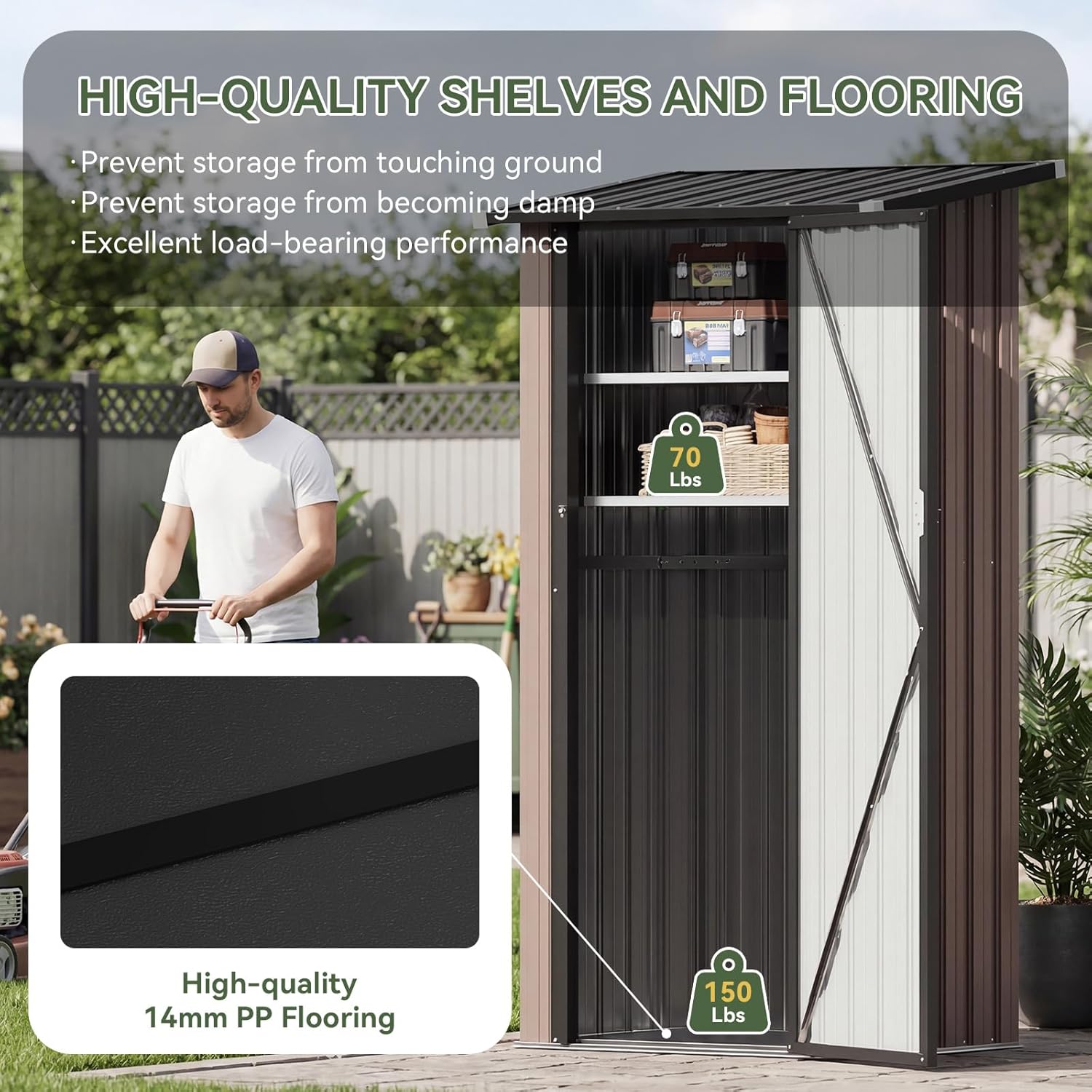 Aoxun Outdoor Storage Shed with Floor, Vertical Storage Cabinet with 2 Adjustable Shelves & Lockable Doors, Waterproof Small Tool Shed for Backyard, Garden, Patio, Lawn & Indoor Use, Brown