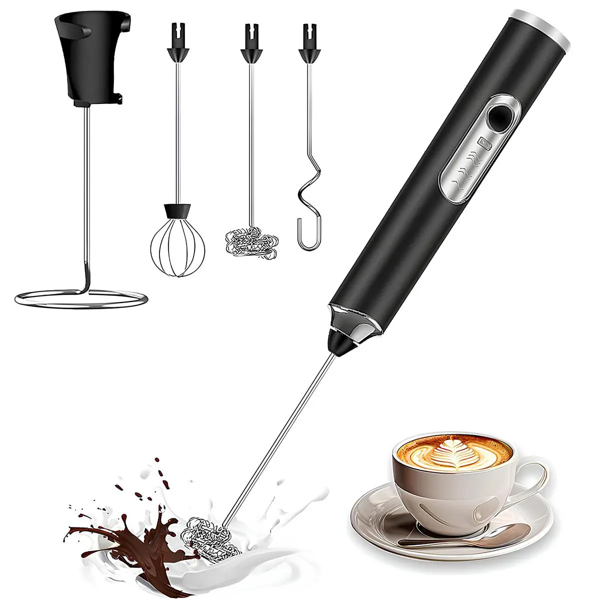 Rechargeable Milk Frother, Handheld Milk Frother with 3 Heads 3 Speeds, Coffee Mixer, Electric Milk Bubbler, Detachable Stainless Steel Whisk for Latte, Cappuccino, Matcha, Egg