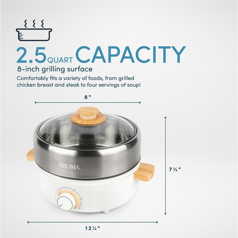 AROMA Whatever Pot Aroma Stainless Steel 2 in 1 Hot Pot with Glass Lid White 2.5 L AMC-130 Electric Hot Pot with Adjustable Temperature Control for One-Pot Meals