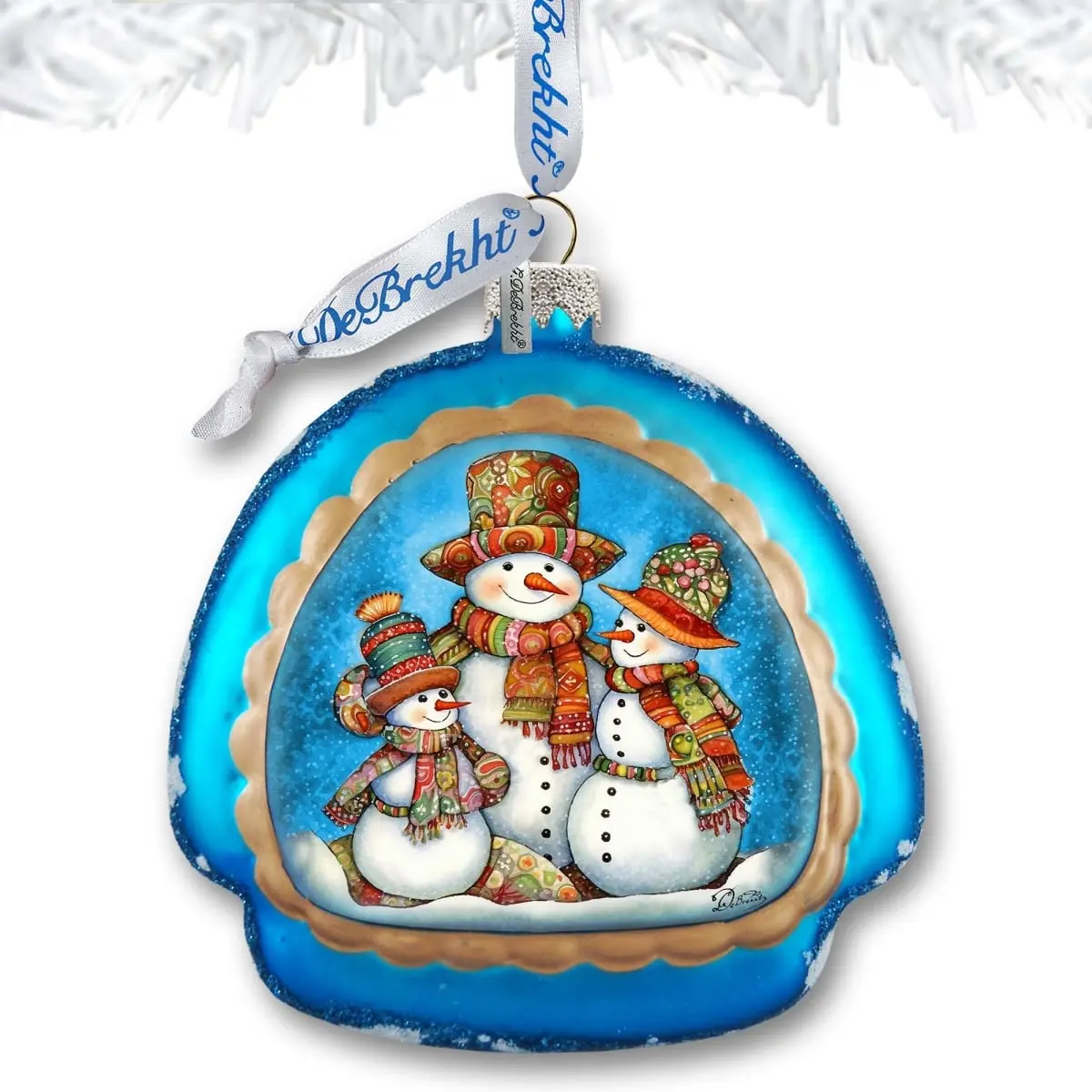 Designocracy 756-020 Small Unique Handpainted Satin Snowman Family Rainbow Glass Ornament, 4x3.5 in, Ribbon-Accented Indoor Holiday Decor, Boxed Christmas Tree Collectible Home Supply for All Ages