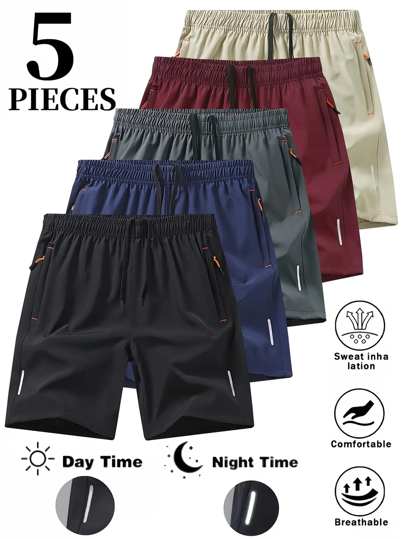 Men's 5-Pack Body-Fitting Gym Shorts, Dry-Fit Solid Color Athleisure Style with Zipper Pockets and Drawstring Waist, Men's Shorts 5 Pack, Soft Stretch Shorts