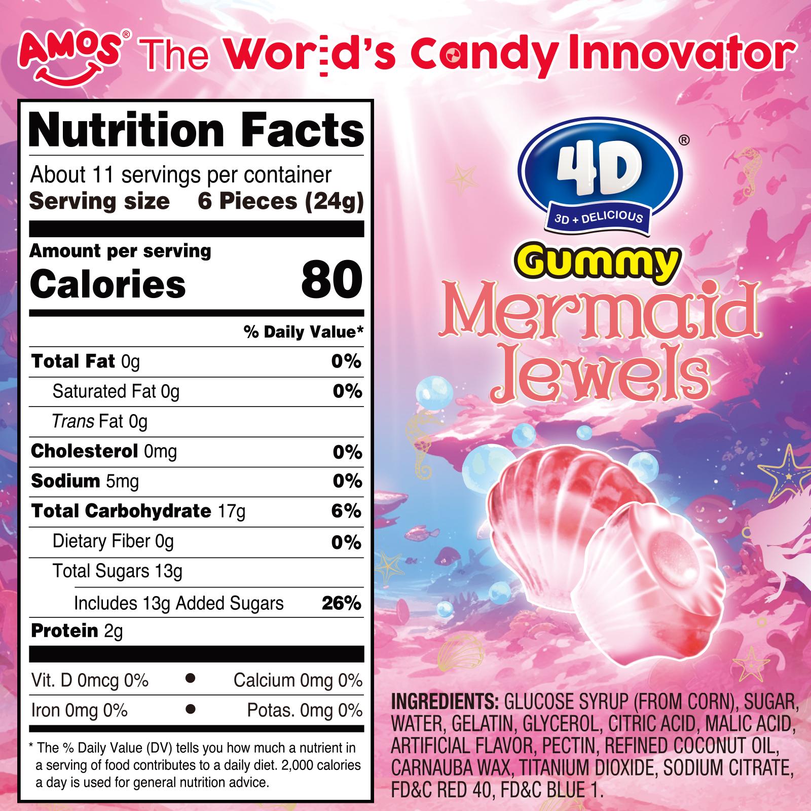 Amos 4D Gummy Mermaid Jewels - Blue Raspberry Flavor, Jelly-Filled Chewy Fruit Snacks, Gluten-Free, Resealable Bags, Healthy Exotic Sweet Treats - Bite