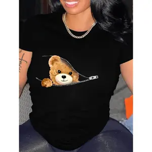 Women's Cute Teddy Bear Graphic T-Shirt - Casual Black Polyester Tee with Zipper Detail, Short Sleeves & Round Neckline, Machine Washable, Casual Wear | Playful Graphic Tee | Machine Washable Top