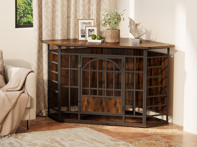 【HolidayHaul】COZPAW 52 Inch Corner Dog Crate Furniture,Wooden Dog Kennel Indoor Furniture End Table,Modern Dog Cage Decorative Pet House TV Stand for Large Medium Dogs,Vintage Brown