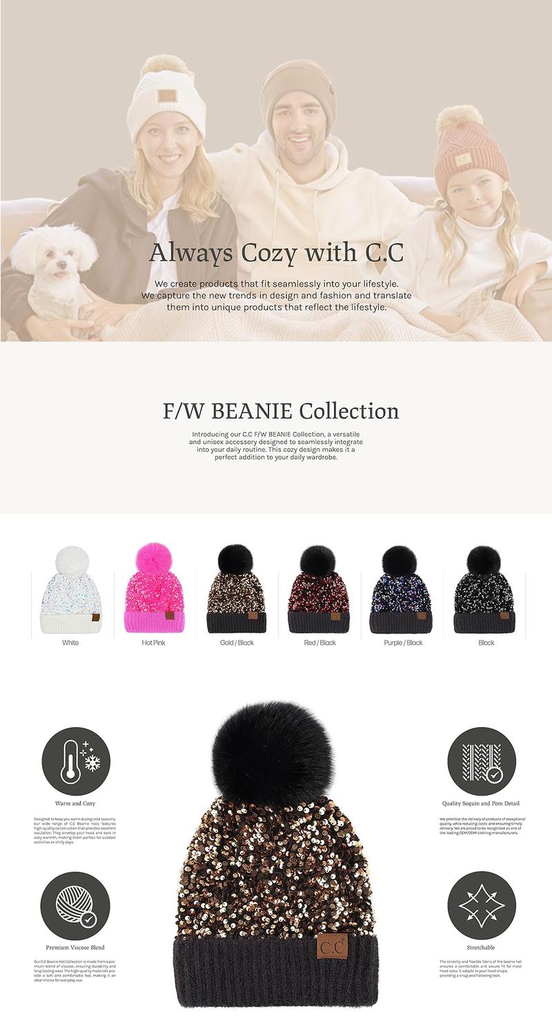 C.C Sequin Fur Pom Beanie for Women – Sparkling Knit Hat with Fluffy Pom, Fuzzy-Lined Festive Winter Beanie, Faux Fur Design