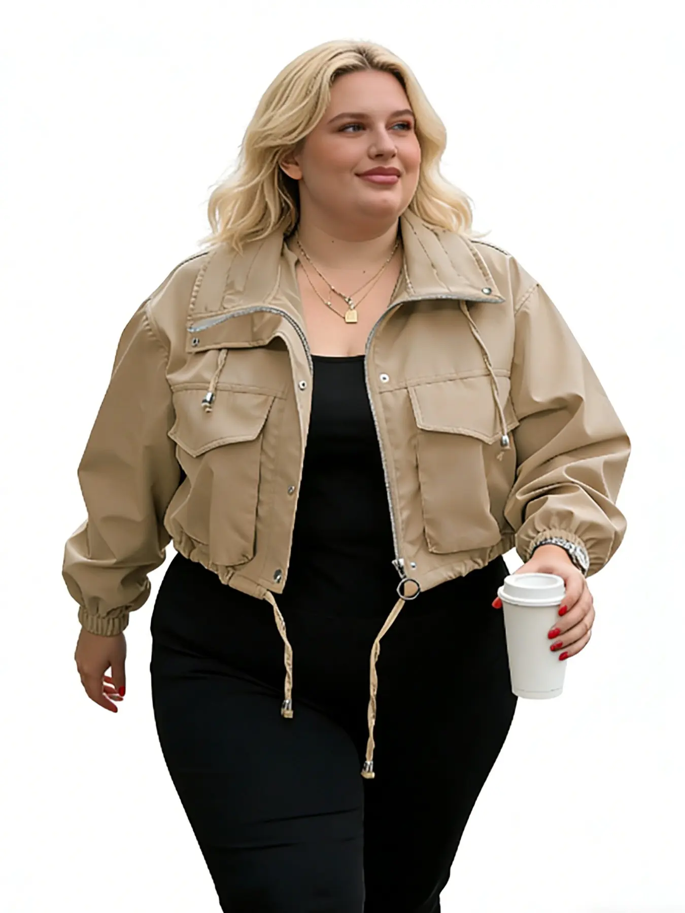 Women's Plus Size Short Collared Jacket with Zipper, Lightweight Oversized Windbreaker Coat, Pocketed Fashion Outerwear for Casual Spring & Fall, Womenswear
