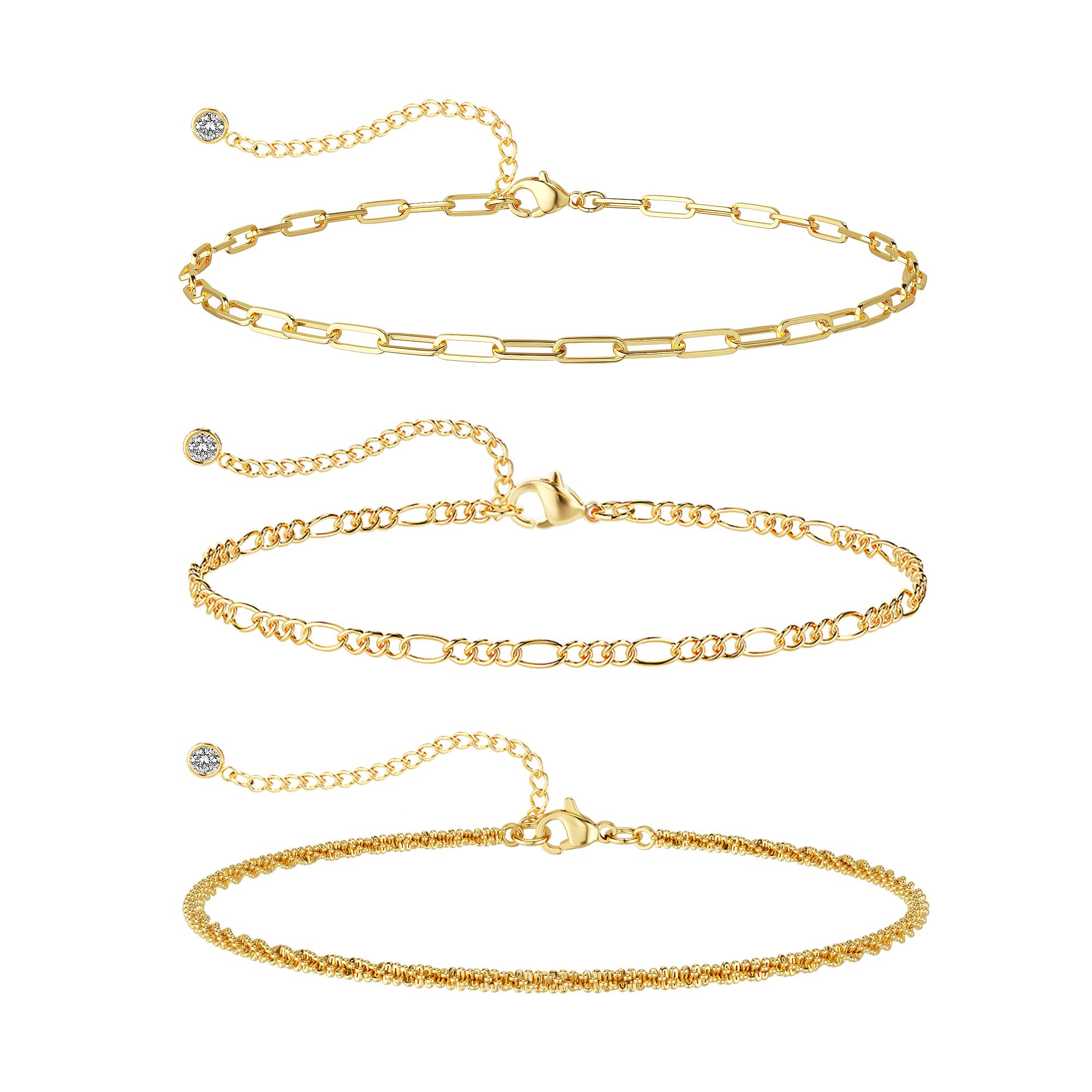 TEWIKY 14K Gold Plated Triple Layer Anklet with Paperclip Figaro Stars Elegant Design Valentine's Day Gift Versatile for Various Occasions