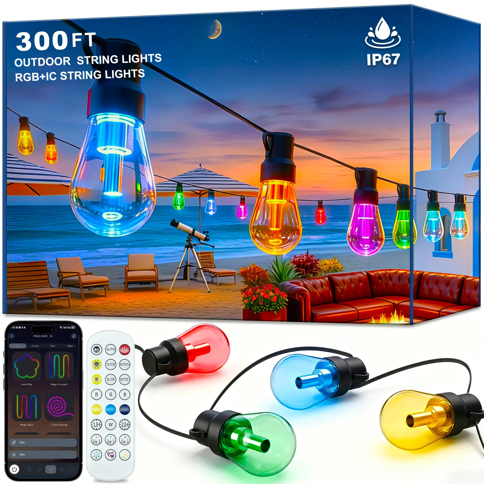150FT-400FT RGB+IC Outdoor String Lights, Dimmable Shatterproof LED Bulbs, IP67 Waterproof DreamColor Chasing Lights, Multicolor Dynamic Lighting for Patio Balcony Garden & Outdoor Living Area Decoration livingroommakeover tiktokshopbacktoschool