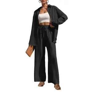 Lepunuo 2 Piece Outfits for Women Casual Lounge Sets Long Sleeve Button Down Shirts and Wide Leg Pants Sets Tracksuit