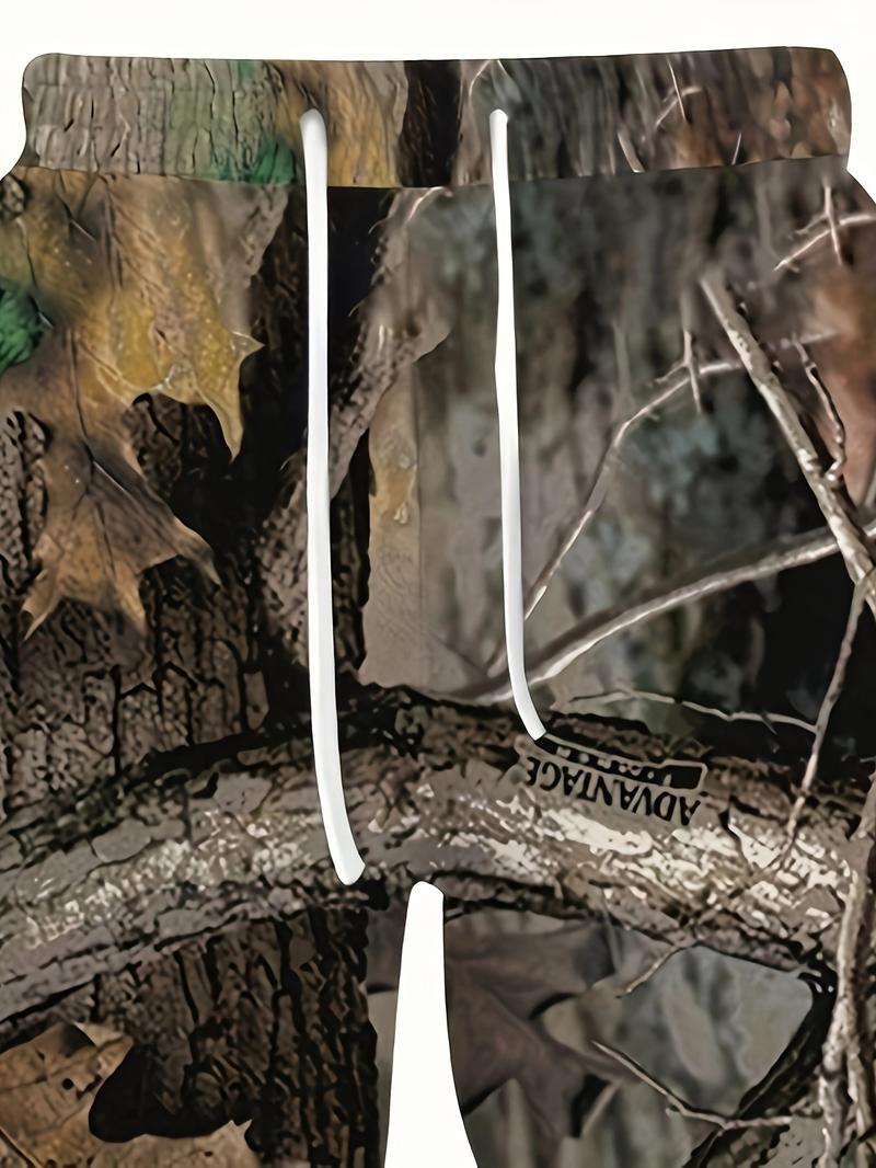 Men's camouflage print hoodie and joggers set, made from casual polyester knit fabric with stretch