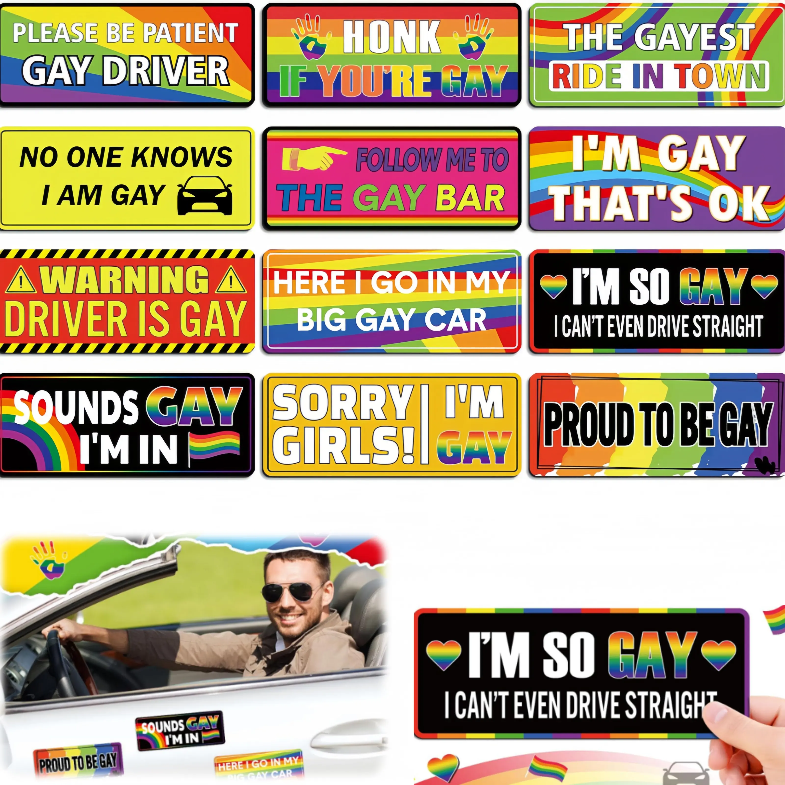 12 Pcs Classic LGBT Rainbow Pride Funny Car Decorative Stickers - Reusable Vinyl Car Magnets and Decals, Truck Exterior Accessory for Fridges, Car Decorative Sticker