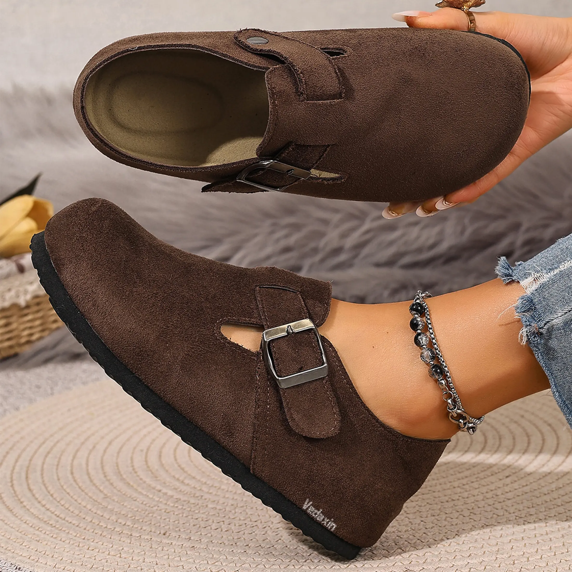 Women's Casual Suede Buckle Clogs Comfortable Daily Shoes with Adjustable Strap, All-Season Footwear Indoor Outdoor Shoes Springfresh Summer Vibes