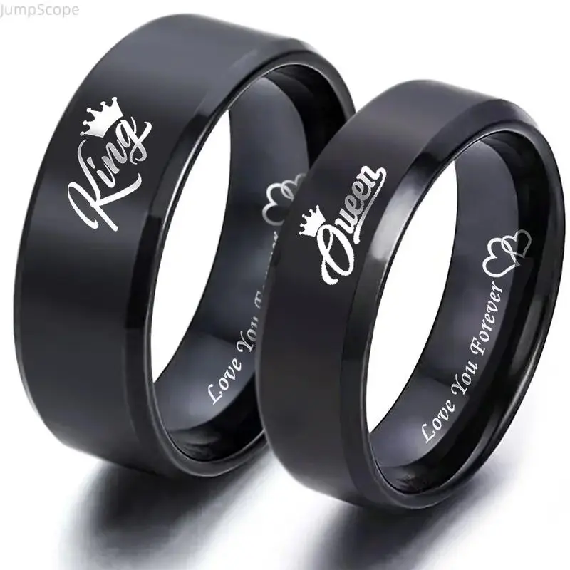Couple Rings | King Queen Matching Wedding Ring Sets Black Titanium, Engraved Love You Forever Personalized Rings, Elegant Durable Custom Engraving Jewelry Gift for Wedding Anniversary Lovers