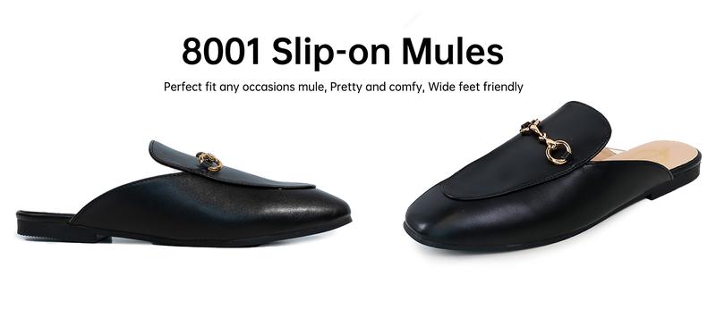 EVELLYHOOTD Pretty Comfort Mules for Women Pointed Toe Snaffle-Trim Backless Loafers Leather Slip On Mule Unisex #8001