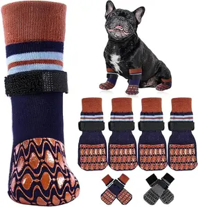 Kuoser Non Slip  Brown Dog Socks for Hardwood Floors, 4Pack Anti-Slip Dog Grippy Socks to Prevent Licking Paws, Dogs Booties Paw Protectors with Double-Sided Traction for Small Medium Large Senior Dogs