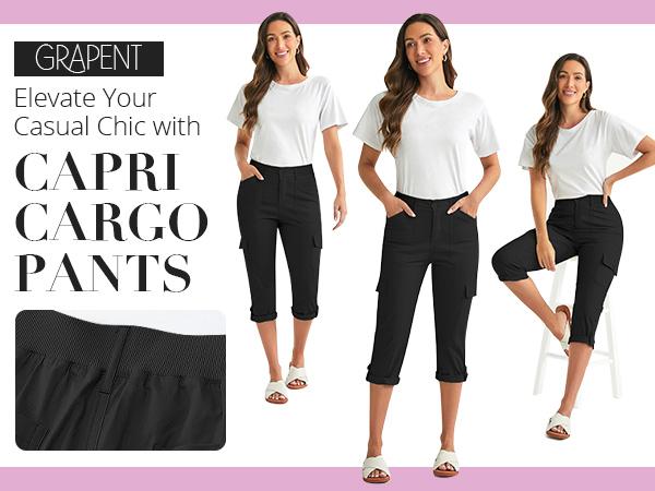 GRAPENT Cargo Capri Pants for Women High Waisted Relaxed Fit Elastic Knit Waist Casual Capris Trousers Cropped Pants GRAPENT Cargo Capri Pants for Women High Waisted Relaxed Fit Elastic Knit Waist Casual Capris Trousers Cropped Pants