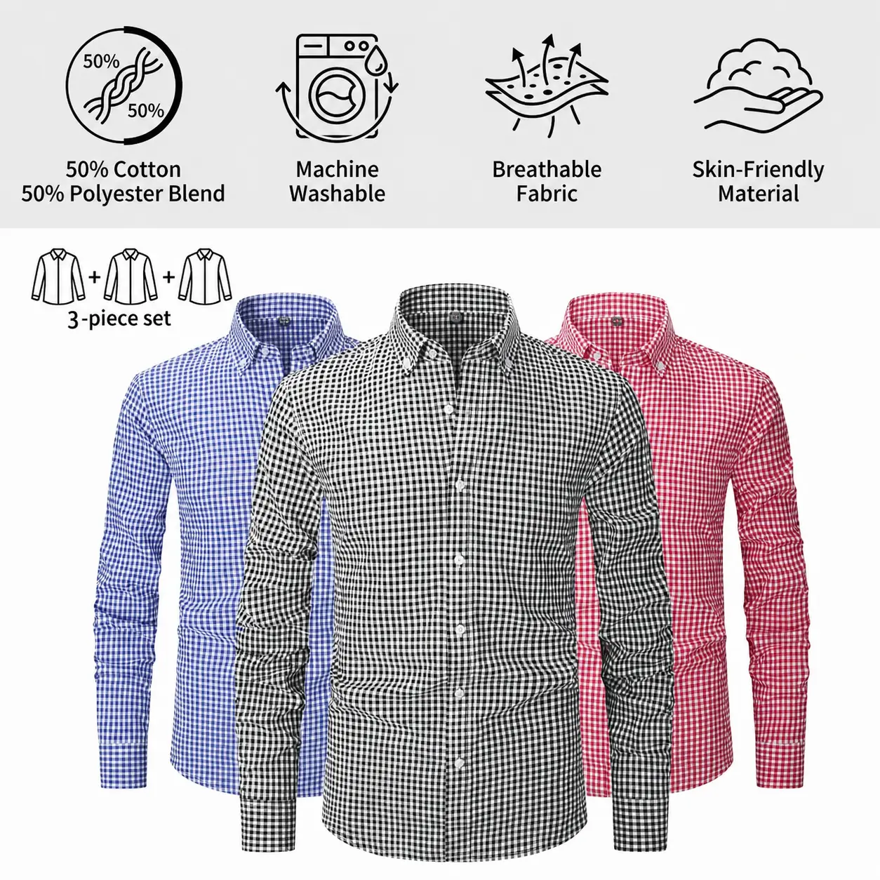 Multi Color 3Pcs Checkered Long Sleeve Shirts, Machine Washable Skin Friendly Button Up Tops For Work Weekend Travel Outfits Casual Menswear Man Formal Fabric