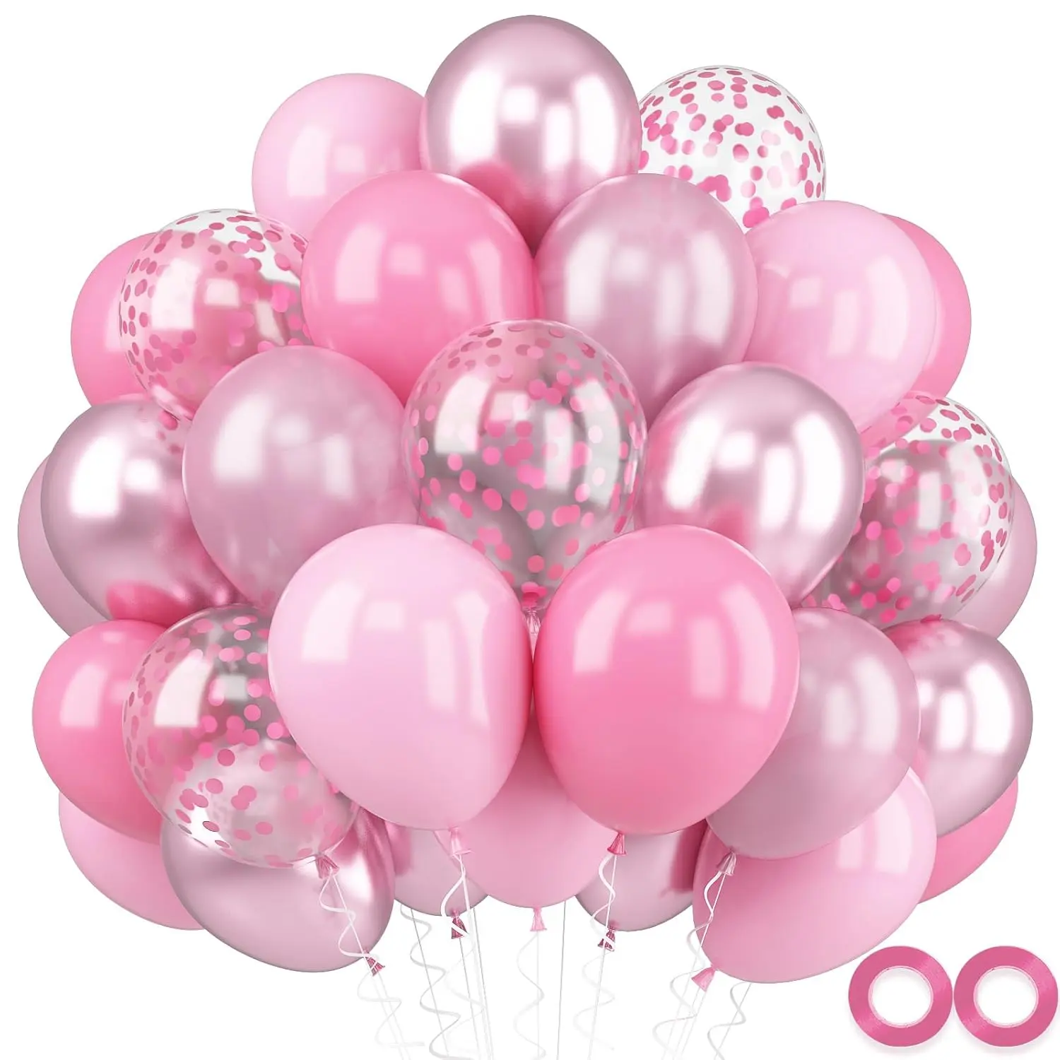 Metallic Chrome Pink 52 Pcs 12 Inch Latex Balloons With Pink Confetti - Cherry Blossom, Pearl, Maca For Girl Women Birthday, Wedding, Baby Shower, Party Decorations