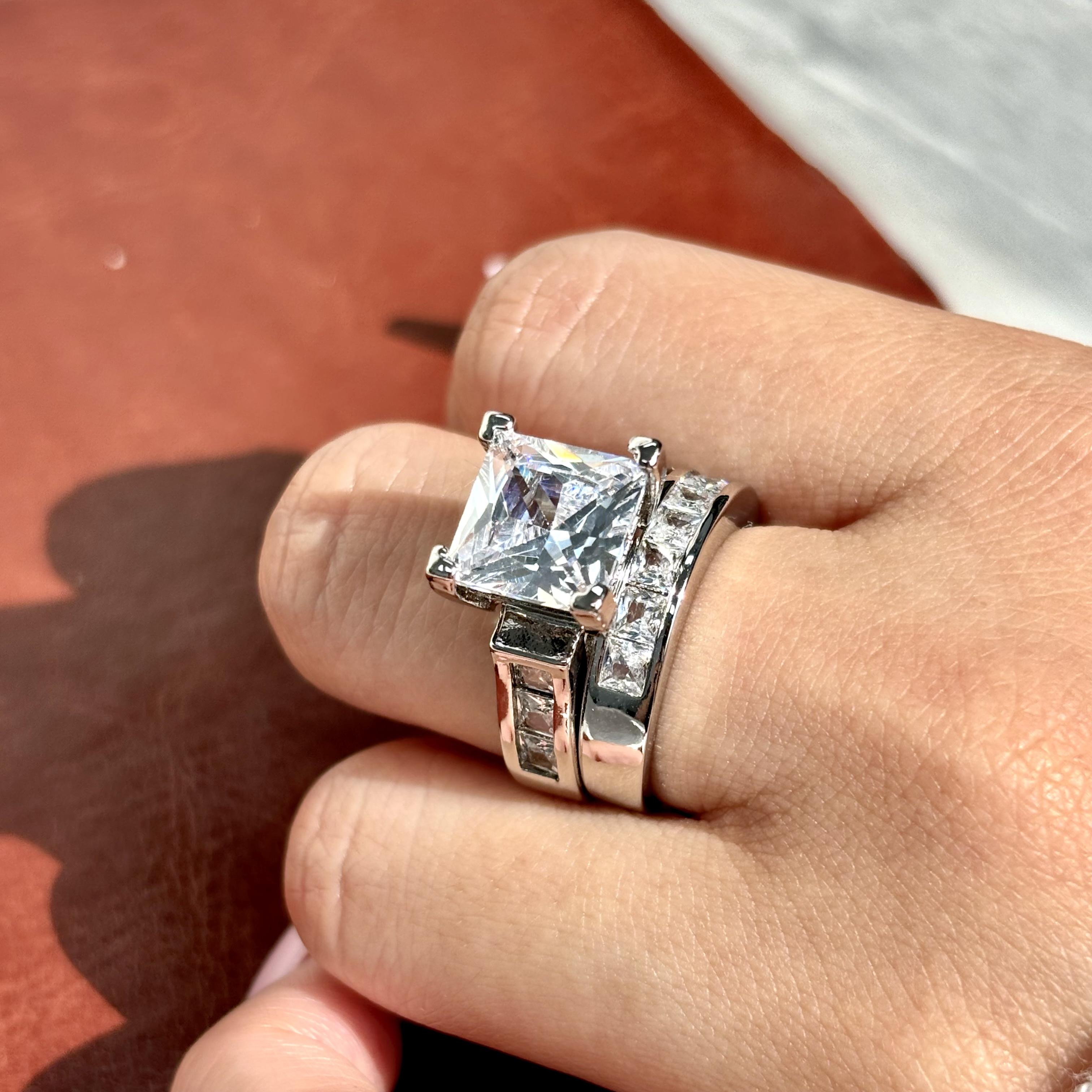 JJ CHIC Two-Piece Square Ring Set for Women, S925 Princess Cut Deluxe CZ Ring - Ideal for Engagement and Wedding, Personal Statement Jewelry or Gift