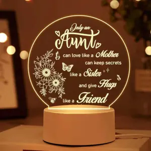 Aunt Acrylic Night Light - Round Floral Engraved Lamp, "Only an Aunt" Gift from Niece/Nephew, USB Powered Bedroom Decor lawn small holiday decorative party farmhouse style table decor mini spooky halloween d book graduation solar pumpkin ghost light cup