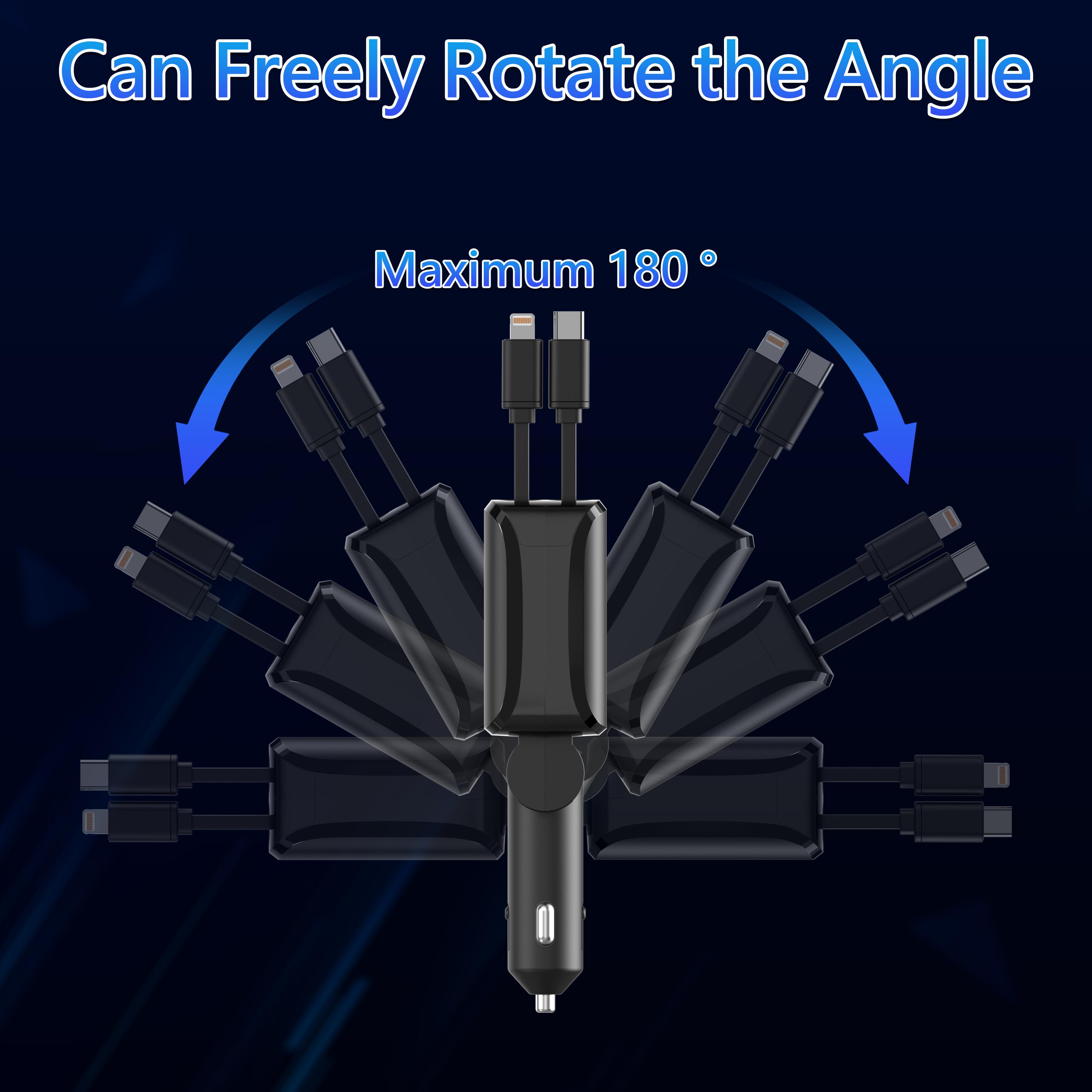 4-in-1 Retractable Car Charger, 100W USB-C Fast Adapter with Lightning Cable & Dual Ports for iPhone, iPad, AirPods, Samsung, Google Pixel