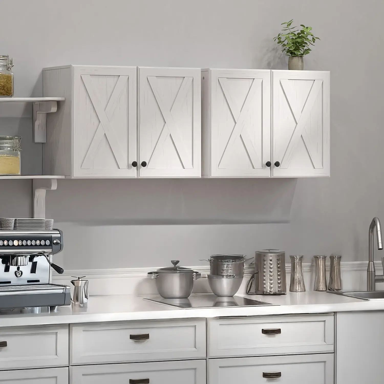 Farmhouse 2-Piece Wall-Mounted Kitchen Storage Cabinets - 4 Doors & Shelves, Crisscross Aesthetic, Grained Multicolor White, Storage Organizer Indoor Cupboard Furniture for Kitchen Organization