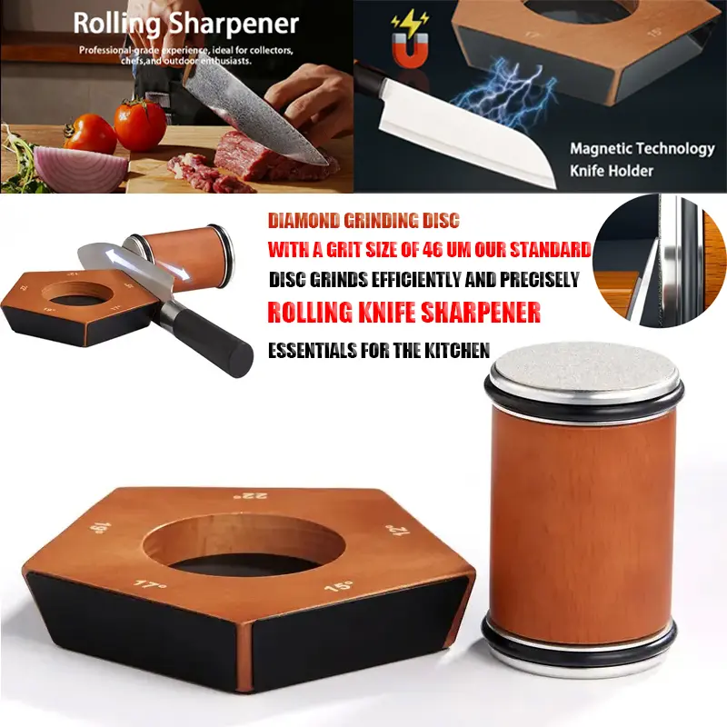 Wooden Durable Diamond Rolling Knife Sharpener Set - 12-15-17-19-22 Degree Magnetic Angle, Magnetic Blade Holder, Lightweight Kitchen Knives Sharpening Essential Tool, 2-Sided Magnetic Suction