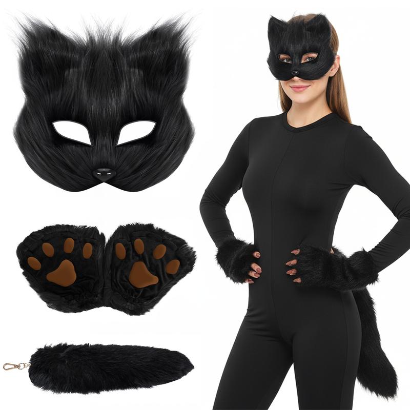4Pcs Faux Fur Fox Costume Set with Plush Mask Fluffy Claw Gloves & Tail Perfect for Halloween Christmas and Costume Parties Ideal Gift for Children, Therian Gear