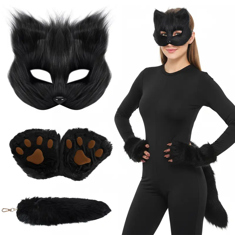 4Pcs Faux Fur Fox Costume Set with Plush Mask Fluffy Claw Gloves & Tail Perfect for Halloween Christmas and Costume Parties Ideal Gift for Children, Therian Gear