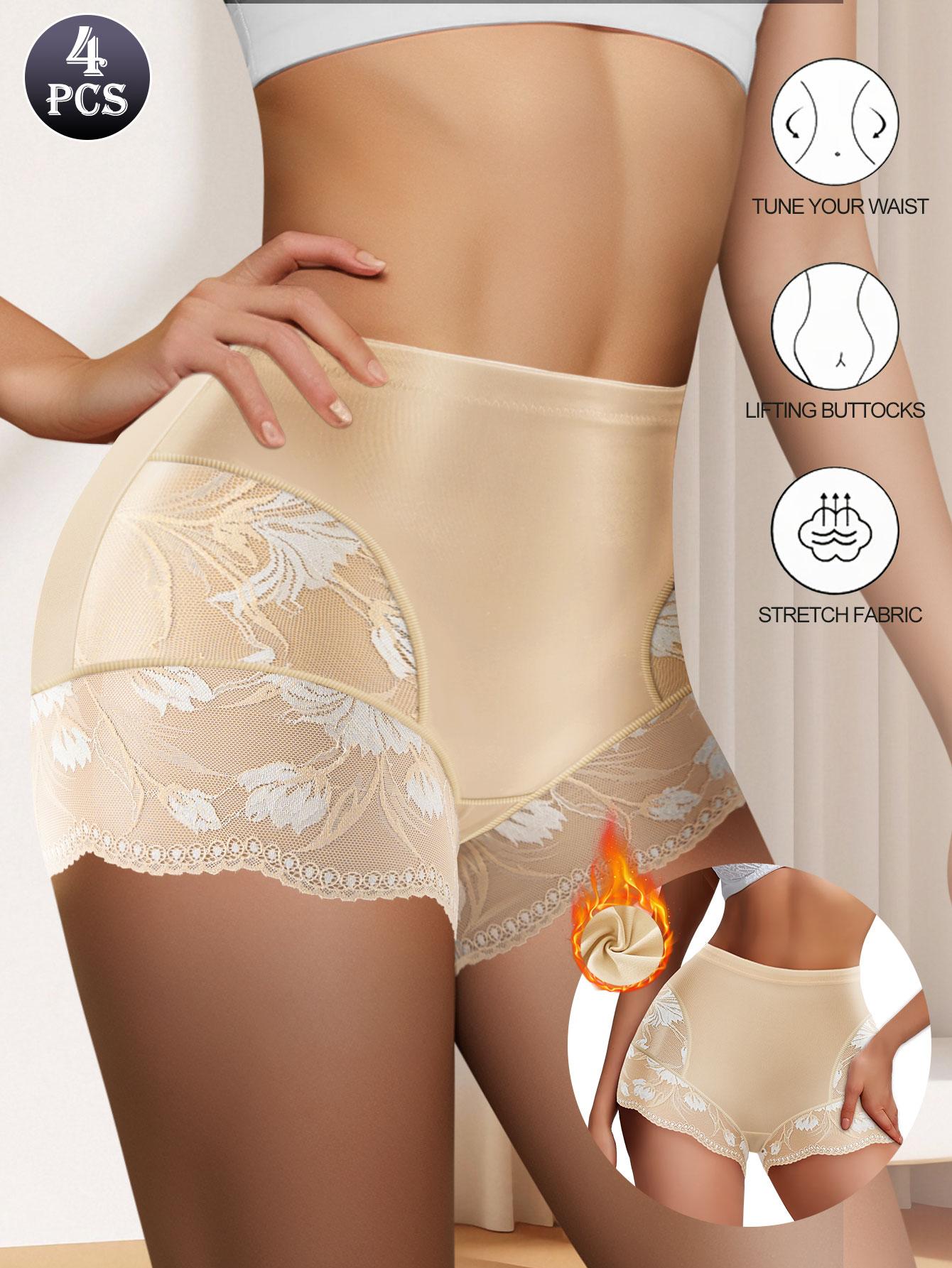 QUASTI 4PCS High-Waisted Glossy Fabric Lace Patchwork Women's Underwear, Soft Seamless Breathable Panties, Elegant Sexy Tummy Control Briefs, S-XXL SpringStatements