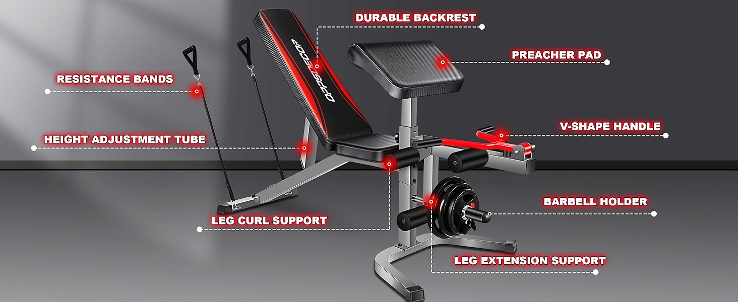 OPPSDECOR Olympic 900LBS Adjustable Weight Bench Press with Leg Extension & Preacher Curl Pad for Home Gym Workout Equipment