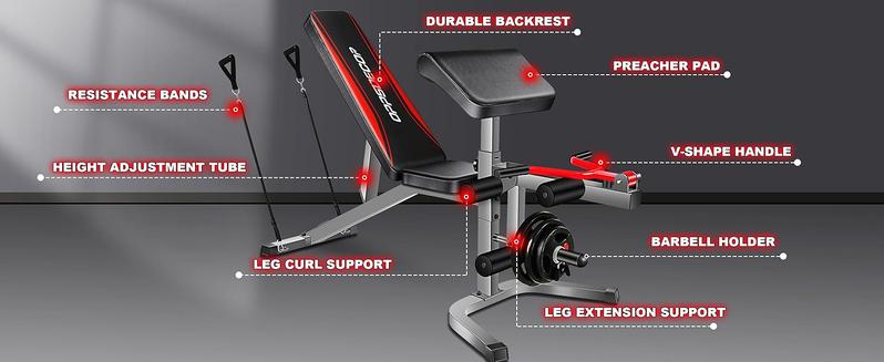 【TikTokShopBlackFriday】OPPSDECOR Olympic 900LBS Adjustable Weight Bench Press with Leg Extension & Preacher Curl Pad for Home Gym Workout Equipment