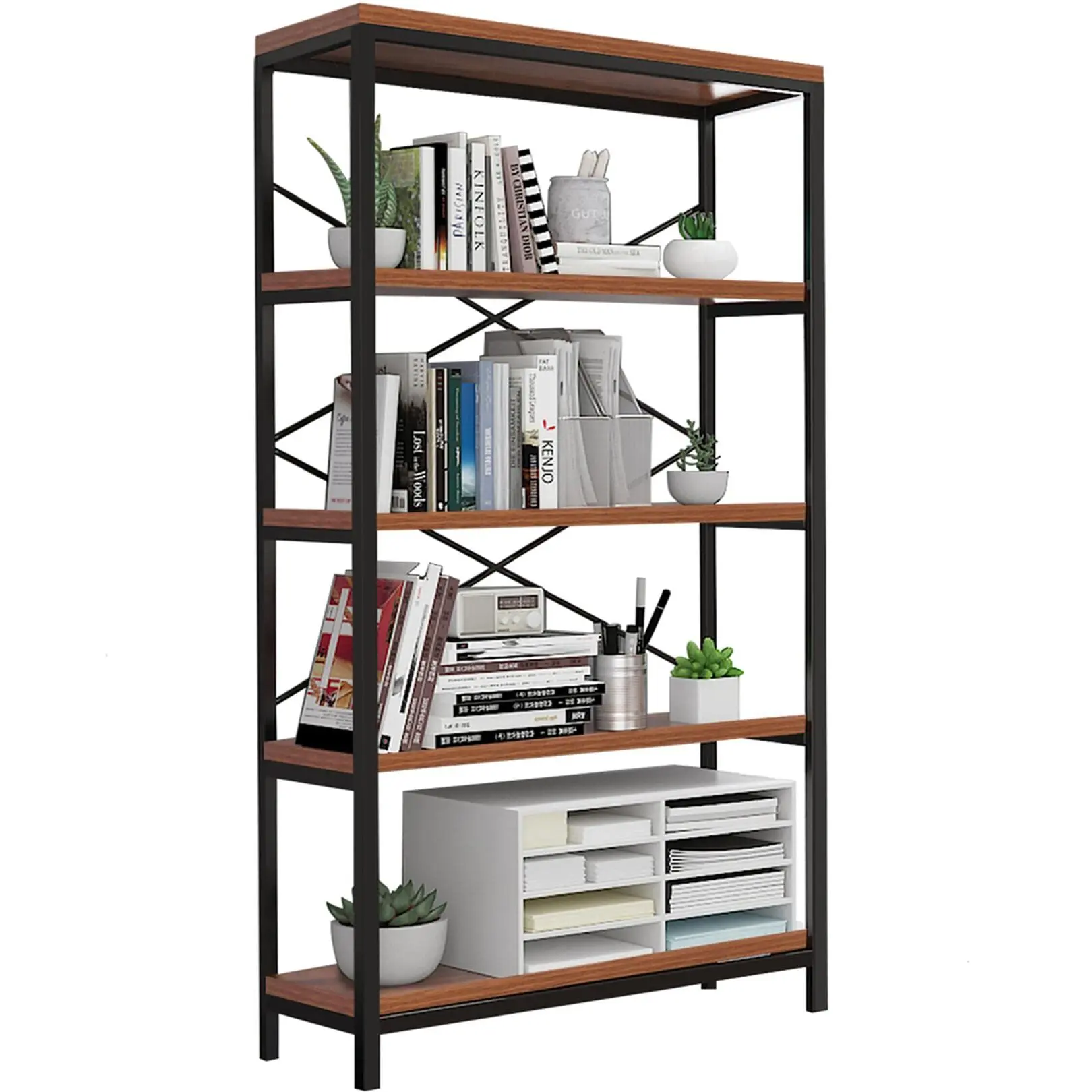 5-Tier Rustic Metal-Frame Bookshelf, Vintage Brown Elegant & Open Design Furniture - 57.48" H X 11.8" W X 31.6" L Durable Organizing Unit with Wooden Shelves, Rustproof Stable Home Kitchen Storage Rack, Assembly Required