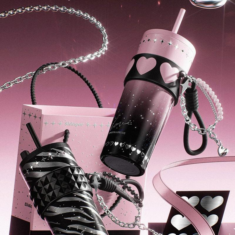 [Sidagar] Water Bottle For Valentine's Day Tumbler Cup, Heart Band Drinkware With Bracelet Charm, 316L Stainless Steel with Ceramic-Coated Interior Coffee Cups, Leak-Proof Straw Lid, Portable Flask, Fits Car Cup Holder, Women Gifts Boy Gifts24oz