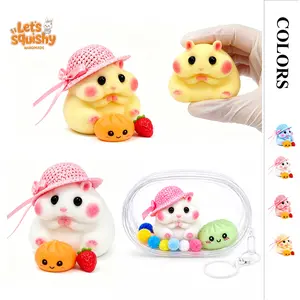 Letsssquishy Handmade Taba Hamster Squishy Toy, Ultra-Soft Silicone Squeeze Sensory Fidget Toys, Cute Mochi Desk Decor for Stress Relief, Great Gift with Mini Strawberry, Dumpling & Hat Accessories