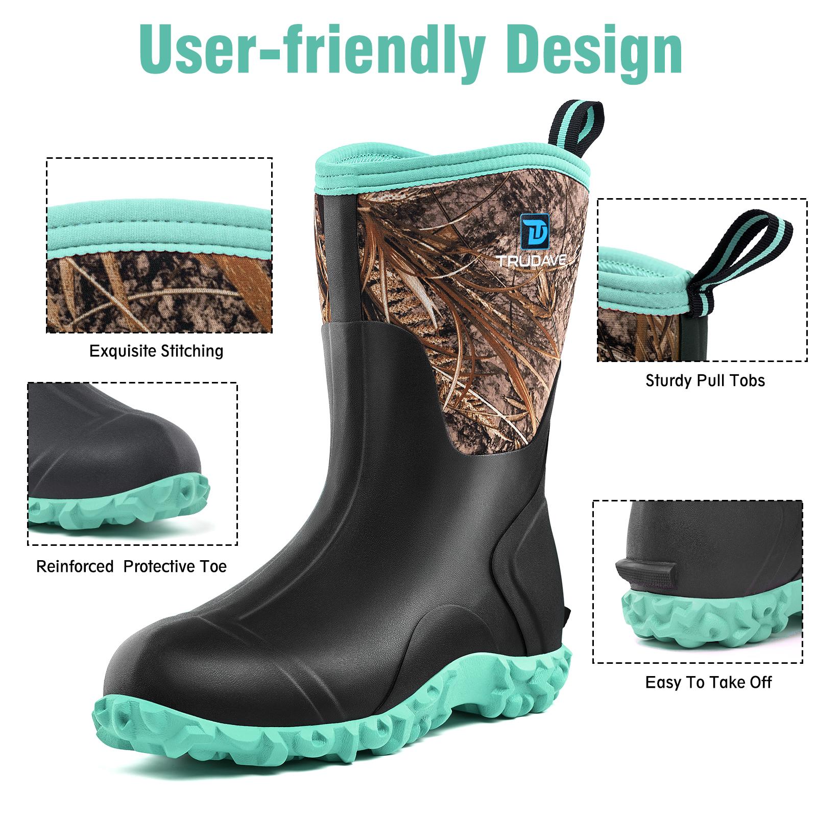 Trudave All-Season Waterproof Rubber Boots for Women Mid-Calf Rain & Hunting Boots with Steel Shank Insulated & Anti-Slip Sole Black Size 5-11 Comfortable Footwear Girl