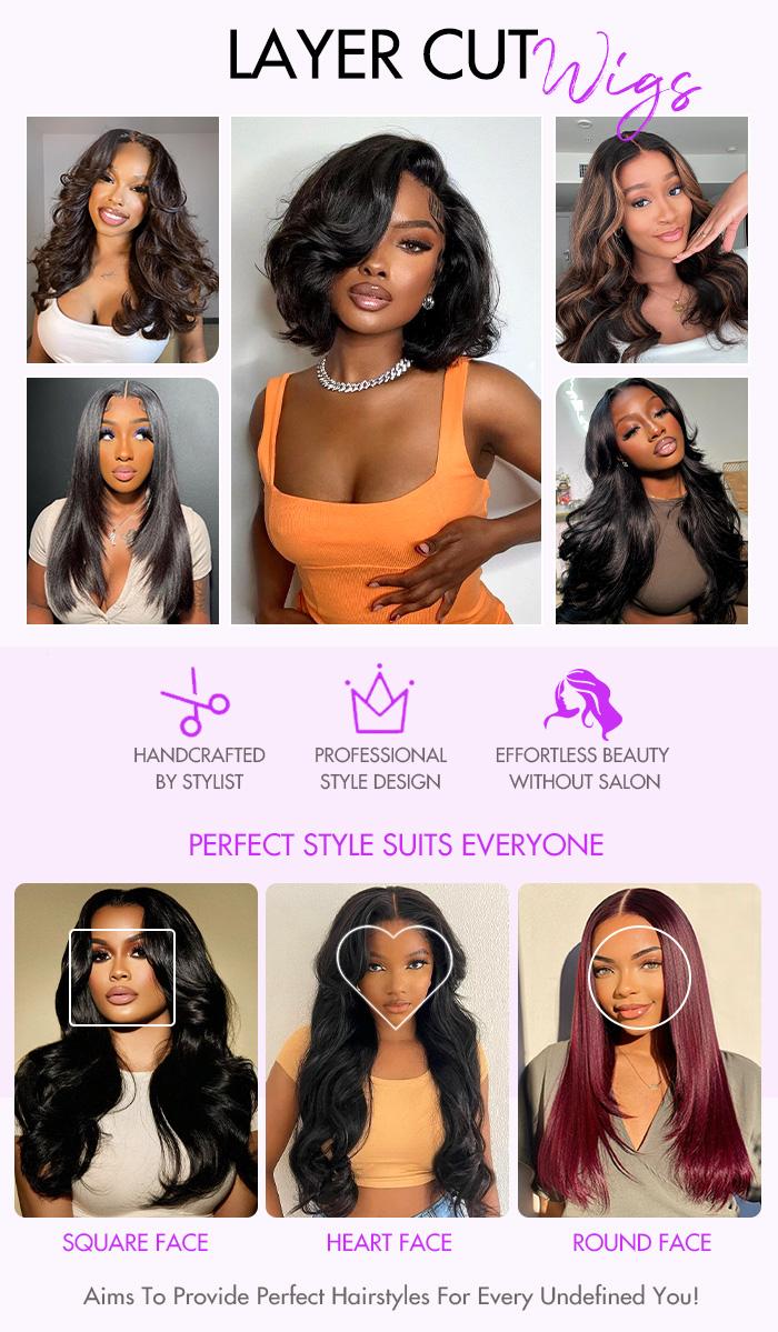 Celie Hair Butterfly Haircut Pop Layers Glueless Wig Invisible Hairline Pre-styled Loose Body Wave Human Hair Wigs Pre Cut Pre Bleached 6×5 HD Lace Closure Wig 200% Density Ready To Go