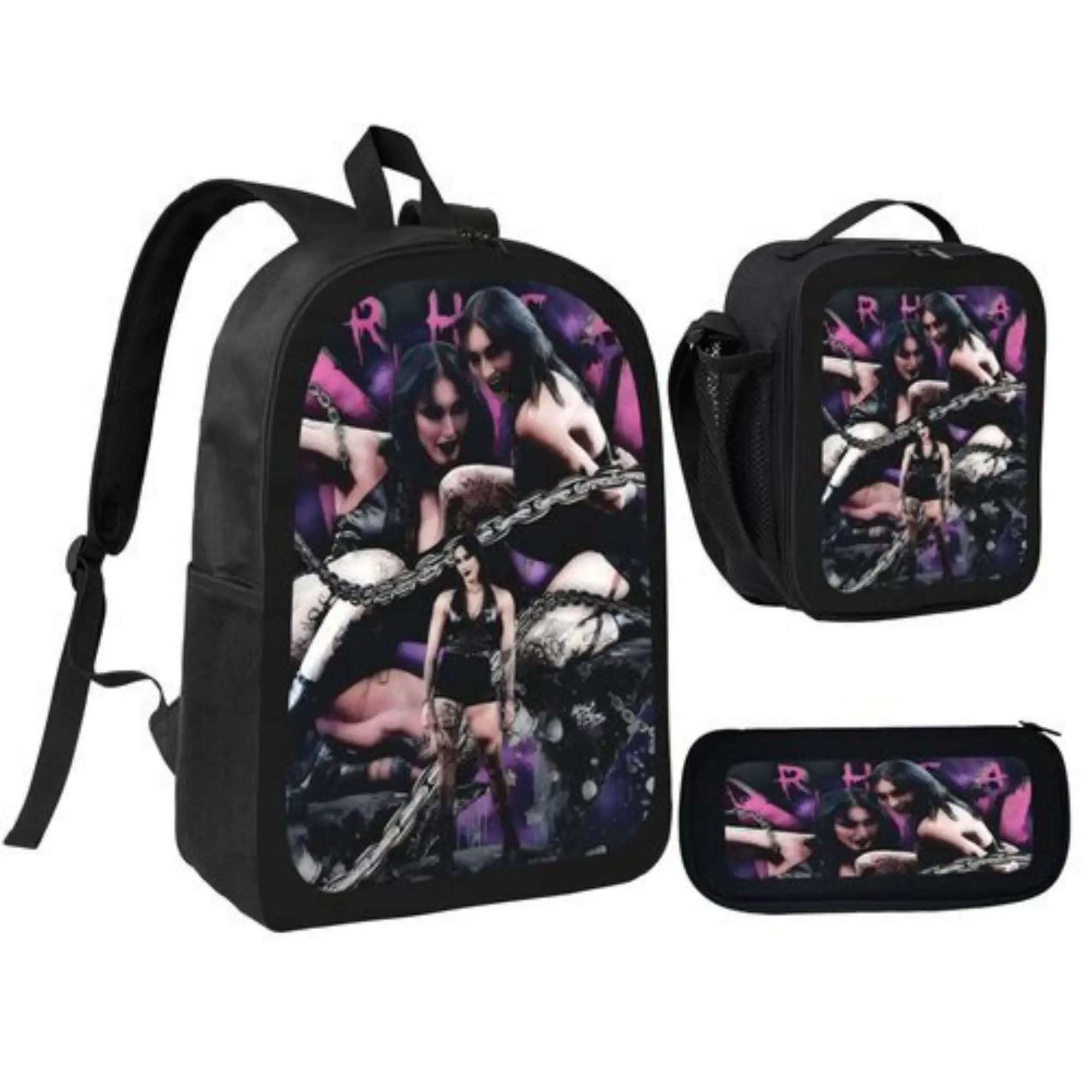 3Pcs Rhea Ripley Wrestler Prints School Bags Set For Boy Girl Pen Bags Backpack Sets With Lunch Box For School Students Daypack