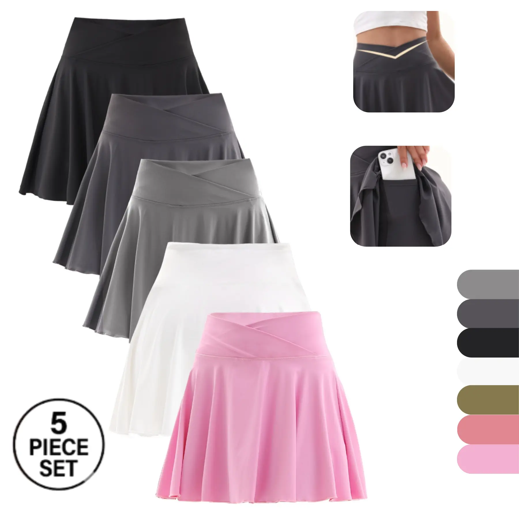 Women's 5-Pack Pleated High Rise Skorts, Breathable Stretchy Athletic Skirt with Shorts and 4 Pockets for Tennis & Golf, Stretchy Skorts, Workout Skorts