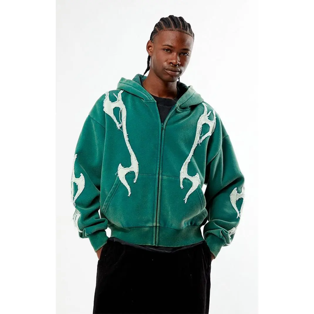 Pacsun Men's Abstract Raw Applique Cropped Full Zip Hoodie