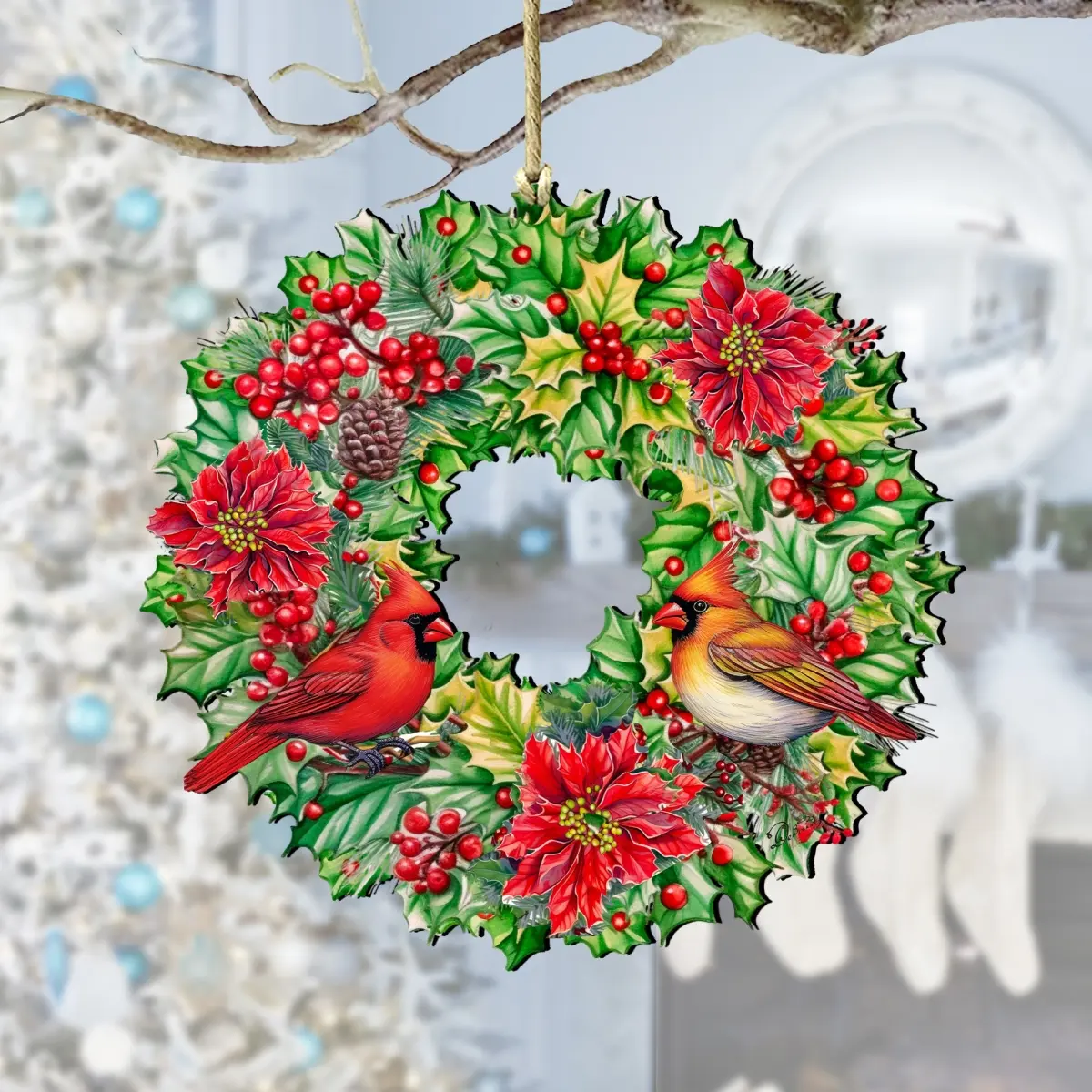 Designocracy 8611070 Artistic Wooden Holiday Cardinal Garland Wreath, 5x5.5x0.25 in. Christmas Decor Ornaments, Festive Home Decoration Gift