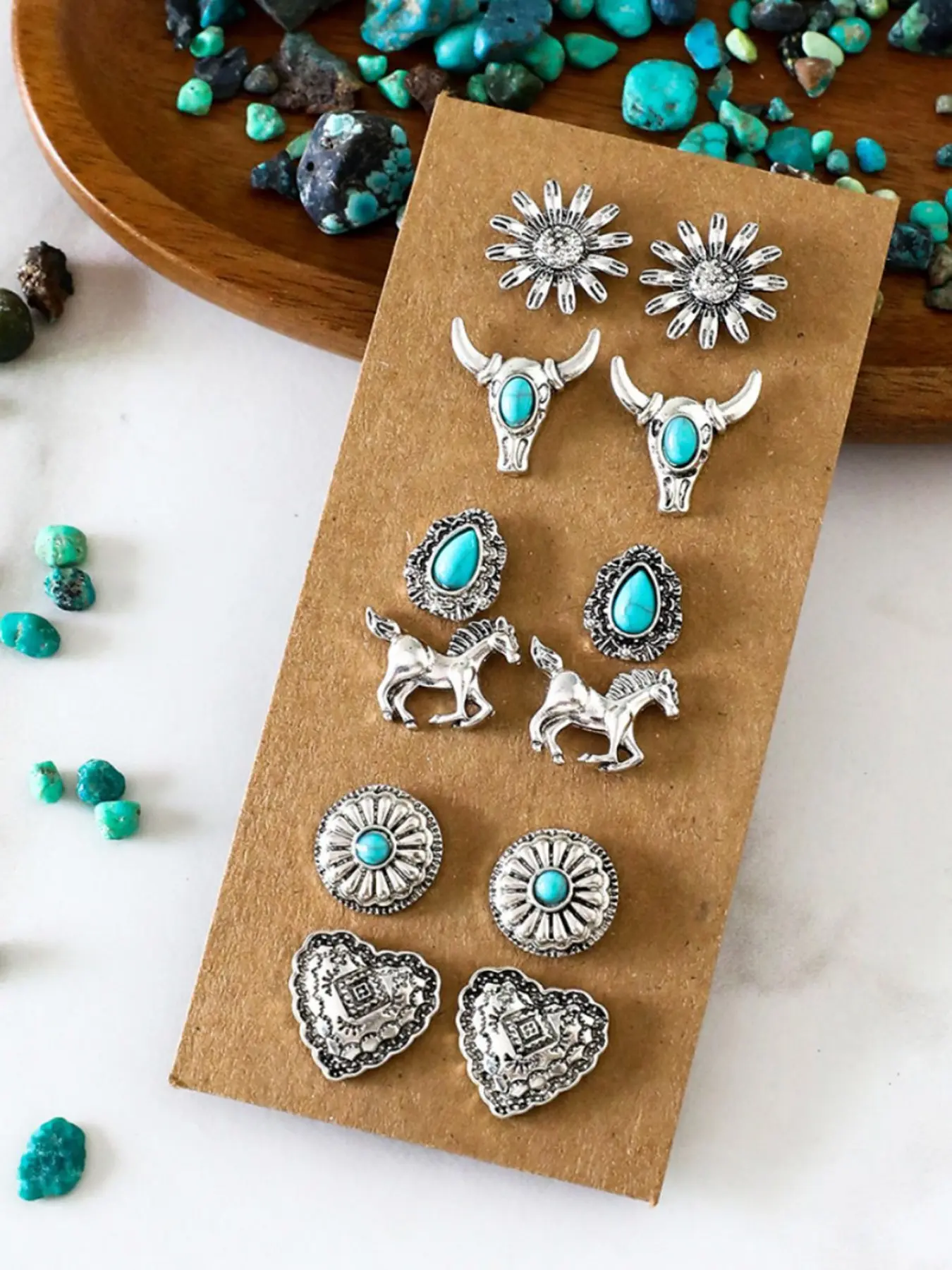 Women's Western Turquoise Stud Earrings Set, Cowgirl Style Silver Color Heart Sunflower Horse Design Jewelry, Perfect Gift for Her, Turquoise Accents, Cowgirl Theme, Horse Heads
