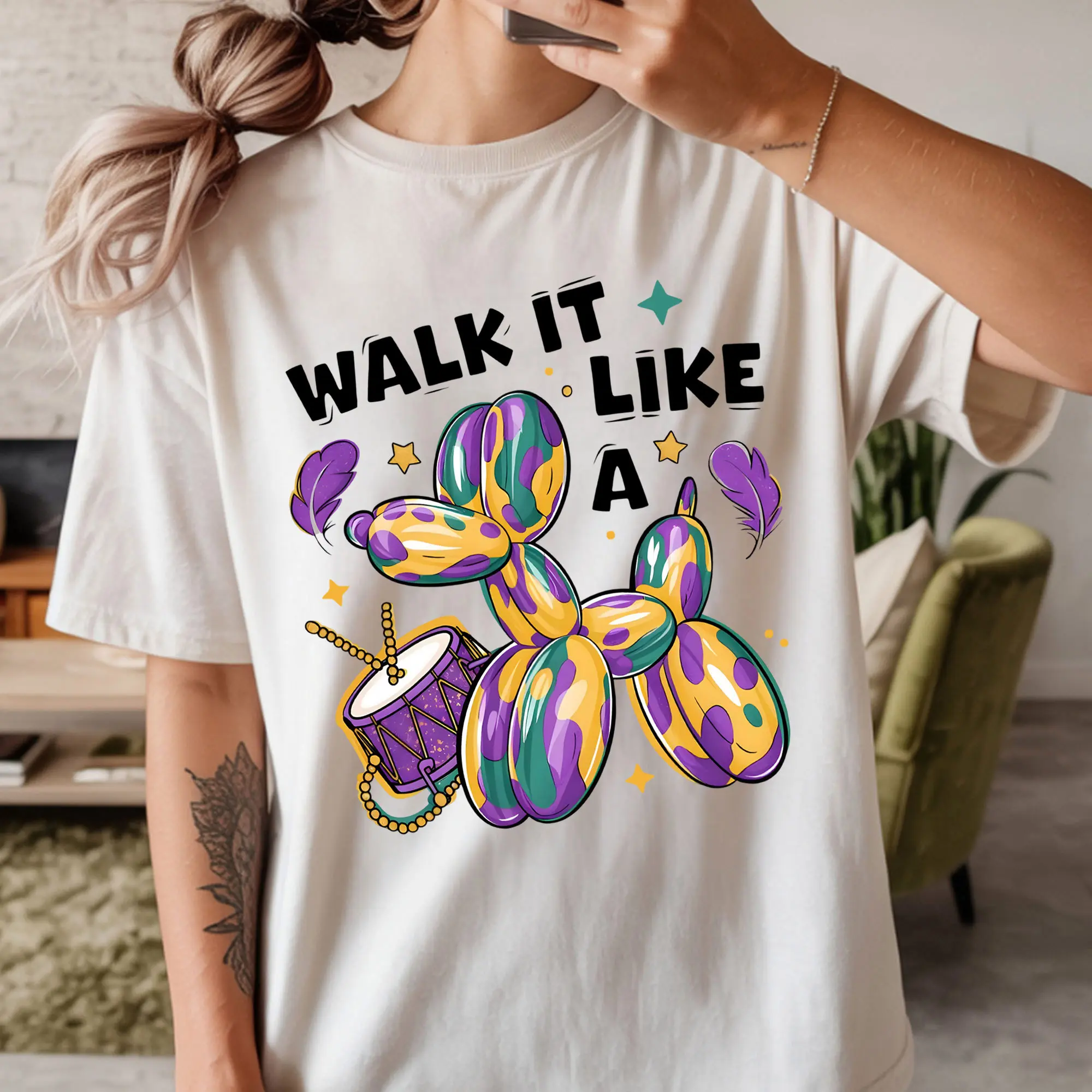 Walk It Like A Balloon Dog Mardi Gras Sweatshirt, Festive Carnival Parade Tee, New Orleans NOLA Party Crewneck, Purple Green Gold Graphic Top